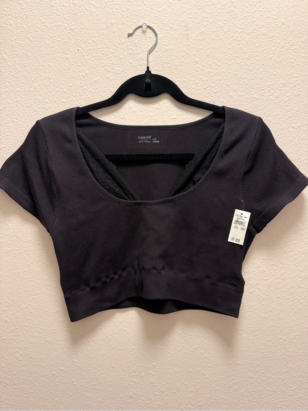 aerie Black Ribbed Scoop-Neck Crop Top